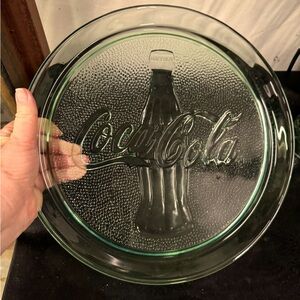 Vintage Green glass coca-cola serving platter with 6 glasses